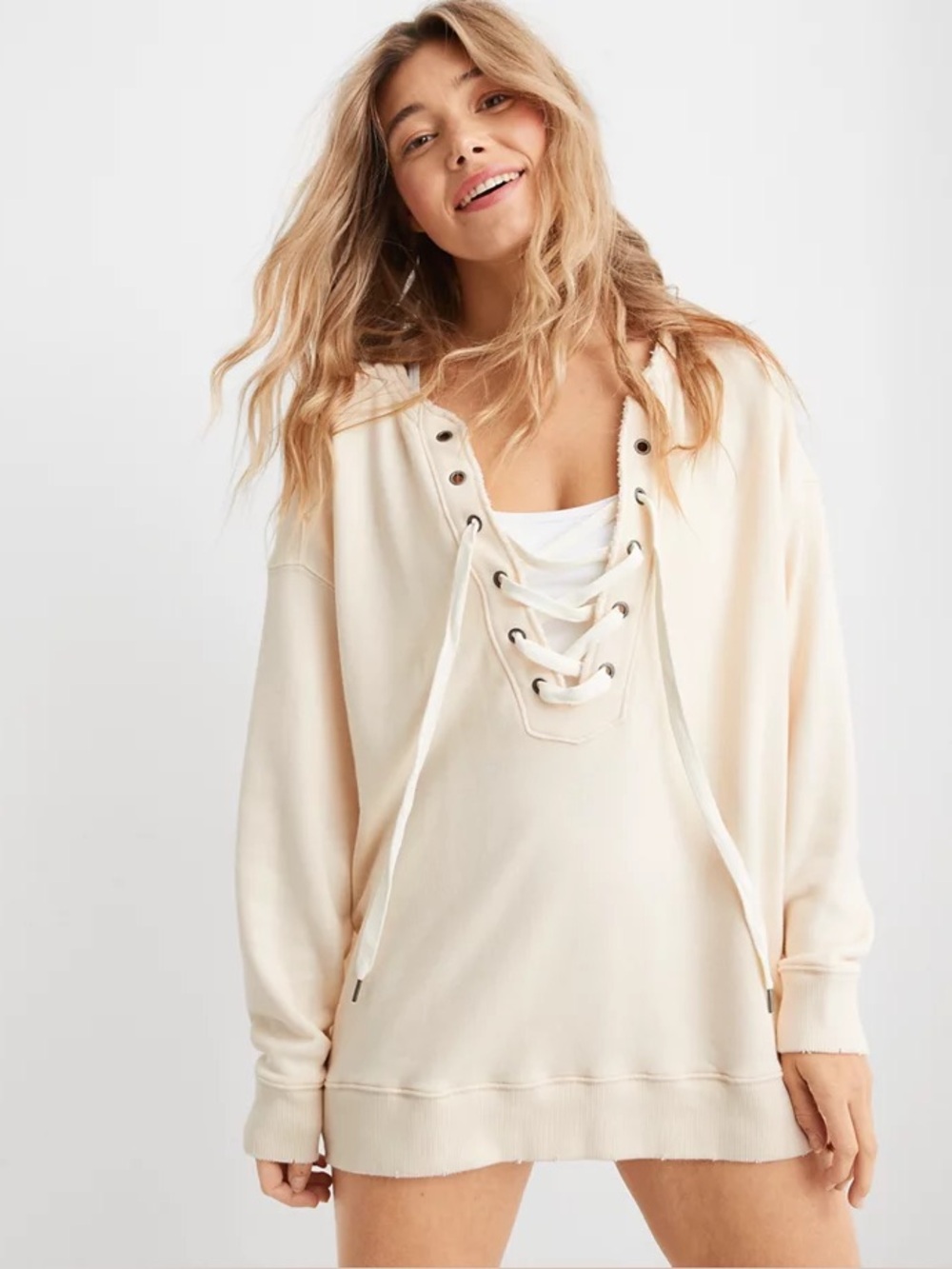 AERIE Lace Up Oversized Crew Sweatshirt Small Cream Fleece Ultra Cozy Distressed